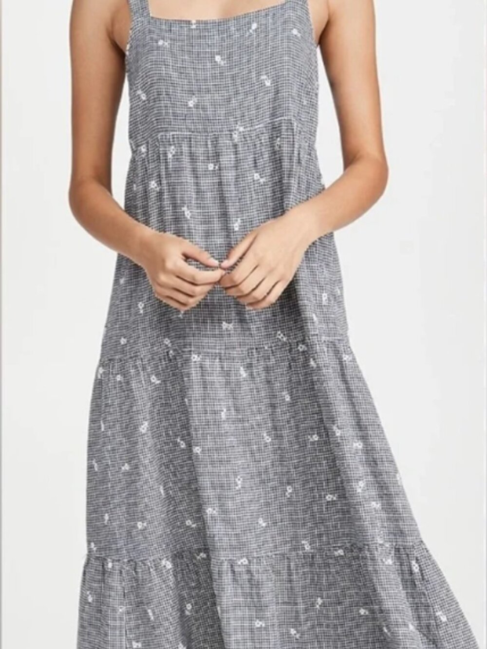 Embroidered Tiered Midi Dress in Gingham Check
